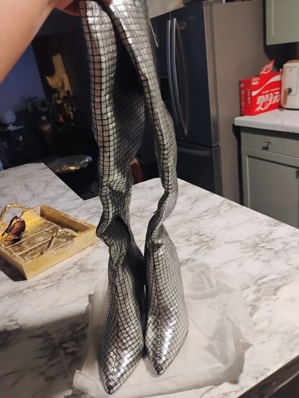 Silver Grid Knee-High Block Heel Boots - Women